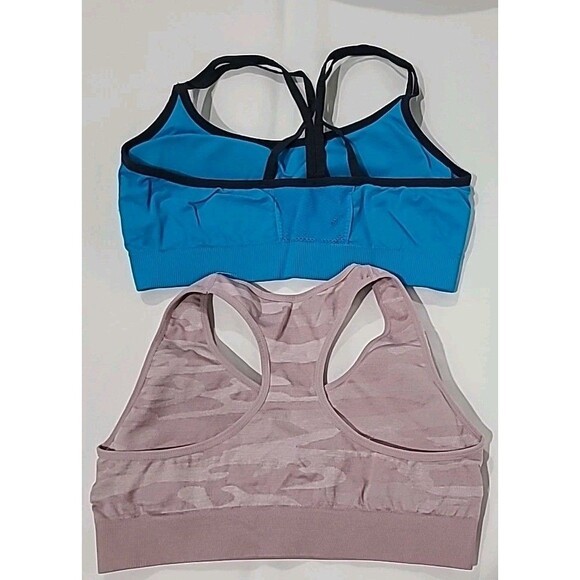Lot 2 Reebok Strappy Mesh Stretch Sports Bras Teal Gray & Pink Mauve Camo Size L - Picture 3 of 10